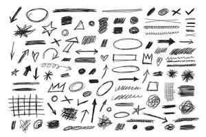 Hand drawn collection pen, pencil, charcoal simple elements. Doodle set different oval, lines, arrows, highlights and shapes in grunge style. vector