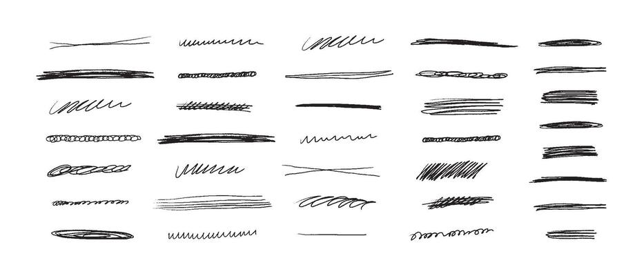 Hand drawn scribble line set. Doodle collection of handmade lines, underlines and elements. Lettering art lines isolated on white background.