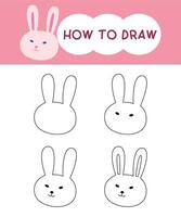 How to draw rabbit face cartoon step by step for learning, kid, education, coloring book. illustration vector