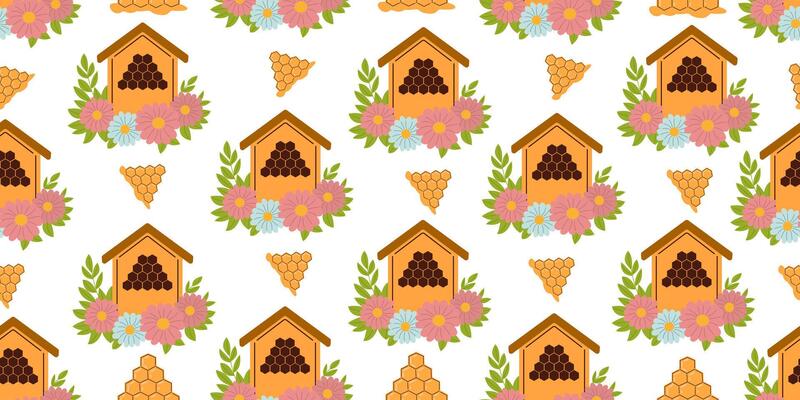 Seamless pattern with beehive,honeycomb isolated on background illustration. Cute honey print background.