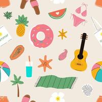 Hand drawn summer pattern with guitar,pineapple,papaya,swimsuit,watermelon, seamless pattern for fabric, wrapping paper, cover vector