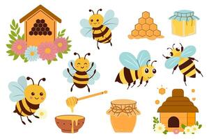 Bee, honey and hive. Set of beekeeping illustrations. Collection of cute funny bees in different poses. vector