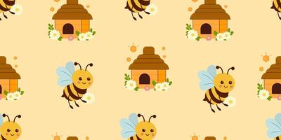 Seamless pattern with bees,beehive,melliferous flowers isolated on yellow background illustration. Cute honey print background. vector