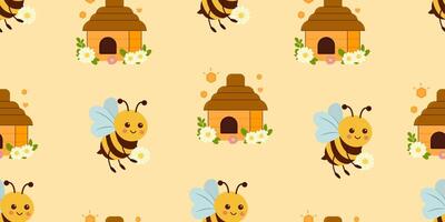 Seamless pattern with bees,beehive,melliferous flowers isolated on yellow background illustration. Cute honey print background. vector