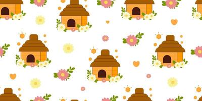 Seamless pattern with jar of honey,bees,melliferous flowers isolated on yellow background illustration. Cute honey print background. vector