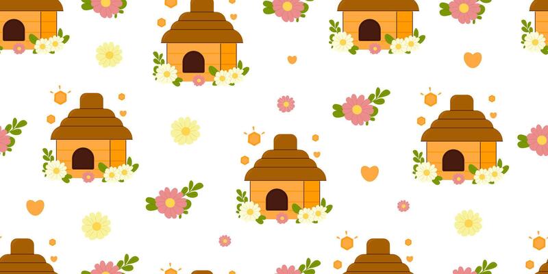 Seamless pattern with jar of honey,bees,melliferous flowers isolated on yellow background illustration. Cute honey print background.