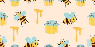 Honey in a glass jar, cute bee, flowing honey, isolated on yellow background. Seamless pattern. flat illustration. vector