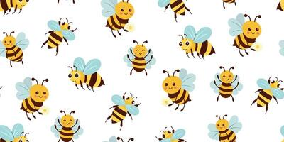 Seamless summer and spring pattern with cute bees on an isolated white background. flat illustration. vector