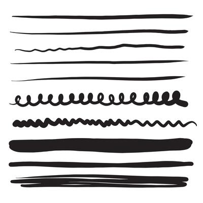 Set of lines, hand drawn dividers, doodle underlines, different thickness brush stripes. illustration of scribble lines.