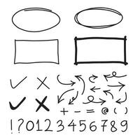 Set of hand drawn elements for selecting text.Hand drawn frames, circle and arrows on white background. vector