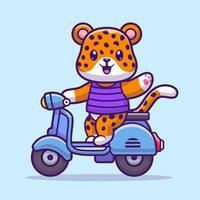 Cute Cheetah Tiger Riding Scooter And Waving Hand Cartoon vector