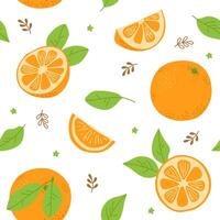 Seamless pattern with fresh orange full, half, slice, leaves. Fruits. Freehand illustration vector