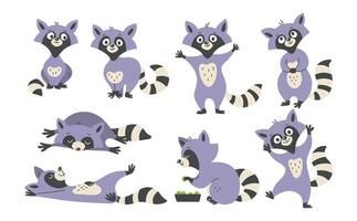 Set of funny raccoon characters. Animals. Cute raccoon in different poses. cartoon illustration isolated on white vector