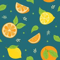 Seamless summer pattern with fresh orange and lemon, full, half, slice, leaves. Fruits. Freehand illustration on dark background vector