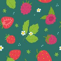 Seamless summer pattern with strawberries, raspberries, flowers and leaves. Berries. Freehand illustration on dark background vector