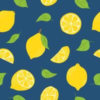 Seamless summer pattern with fresh lemon whole, full, half, slice, leaf. Fruits. Freehand illustration on dark background vector