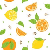 Seamless summer pattern with fresh orange and lemon, full, half, slice, leaves. Fruits. Freehand illustration vector