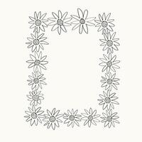 Rectangular frame with sunflower flowers or chamomile drawn by hand sketch on isolated background. Floral border for print, card, paper, flyer, label. Outline freehand with blossom plants vector