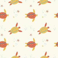 Turtles in the water hand drawn seamless pattern. illustration for world sea Turtle Day repeating background banner. Sea animals underwater life in cartoon style for textile, card, print, paper vector