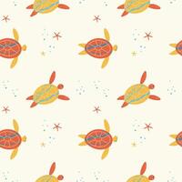 Turtles in the water hand drawn seamless pattern. illustration for world sea Turtle Day repeating background banner. Sea animals underwater life in cartoon style for textile, card, print, paper vector