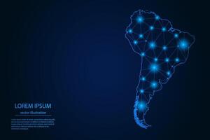 Abstract image South America map - With Blue Glow Dots And Lines On Dark Gradient Background, 3D Mesh Polygon Network Connection. vector