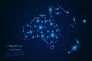 Abstract image Oceania map - With Blue Glow Dots And Lines On Dark Gradient Background, 3D Mesh Polygon Network Connection. vector