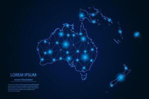 Abstract image Oceania map - With Blue Glow Dots And Lines On Dark Gradient Background, 3D Mesh Polygon Network Connection. vector