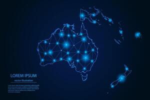 resumen imagen Oceanía mapa - con azul resplandor puntos y líneas en oscuro degradado fondo, 3d malla polígono red conexión. vector