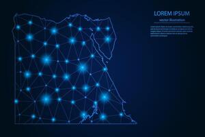 Abstract image Egypt map - With Blue Glow Dots And Lines On Dark Gradient Background, 3D Mesh Polygon Network Connection. vector