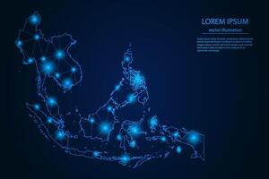 resumen imagen Sureste Asia mapa - con azul resplandor puntos y líneas en oscuro degradado fondo, 3d malla polígono red conexión. vector