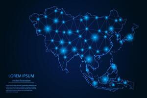 resumen imagen Asia mapa - con azul resplandor puntos y líneas en oscuro degradado fondo, 3d malla polígono red conexión. vector