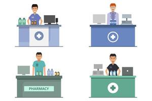 Pharmacy with pharmacist in counter on white background vector