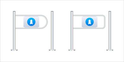 Shop entrance gate icon. Security turnstile gates with directional and no entry signs for controlled access. vector