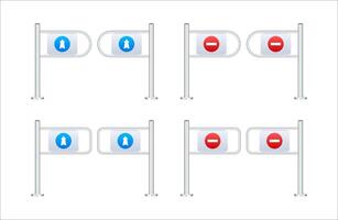 Shop entrance gate icon. Security turnstile gates with directional and no entry signs for controlled access. vector