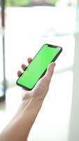 vertikal av hand använder sig av telefon grön skärm i Hem, grön skärm av smartphone, hand innehav mobil telefon, hand pekskärm smartphone video