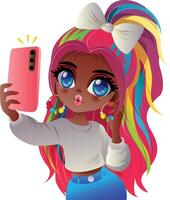 colorful rainbow hair girl take selfie cartoon characters vector