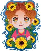 linda girasol niña dibujos animados caracteres vector