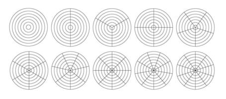 Polar grid concentric circles and steps. Blank polar graph paper. Radar circular graph screen. Grid with concentric circles diagram. vector