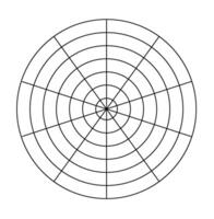 Polar grid concentric circles and steps. Blank polar graph paper. Radar circular graph screen. Grid with concentric circles diagram. vector