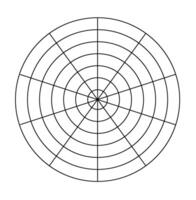 Polar grid concentric circles and steps. Blank polar graph paper. Radar circular graph screen. Grid with concentric circles diagram. vector