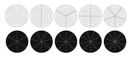 Outline polar grid set. Polar grid divided template set. Radar circular graph screen. Grid with concentric circles diagram. vector