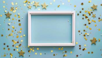 White Frame Surrounded by Gold Stars and Confetti photo