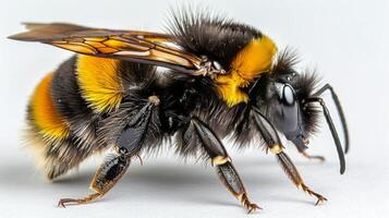 cerca arriba de un abeja en blanco antecedentes foto