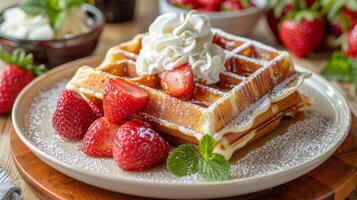 Stack of Waffles Topped With Whipped Cream photo