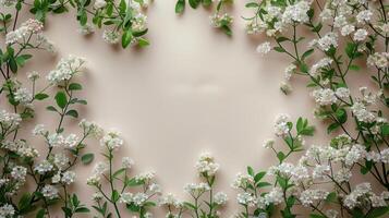 blanco flores y verde hojas arreglado en corazón forma foto