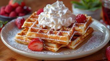 Waffles and Strawberries on White Plate photo