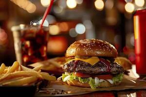 Hamburger and French Fries on Red Plate photo