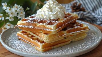 Stack of Waffles Topped With Whipped Cream photo