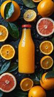 Refreshing Glass of Orange Juice Surrounded by Fresh Fruit photo