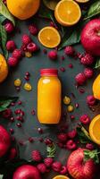 Jar of Orange Juice Surrounded by Fruit photo